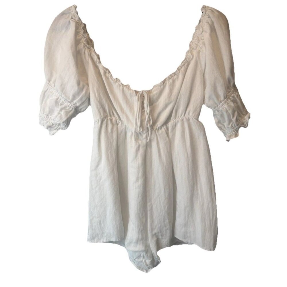 Le Lis White Ruffle Smocked Puffed Sleeve Romper S Peasant Milkmaid Boho Beach